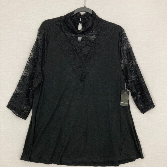 New Torrid Super Soft Knit Black High Neck Lace Stretch Top 1X Whimsigoth - Picture 1 of 11